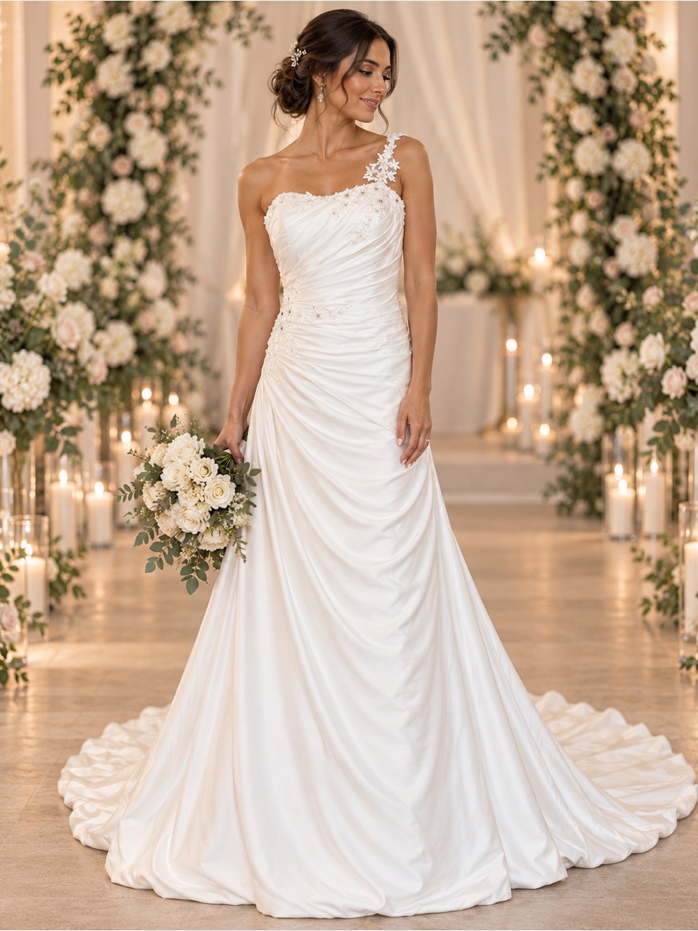 NWT DaVinci Size 12 White One Shoulder Wedding Dress Floral Appliqué Bridal Gown